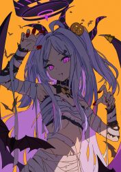 Rule 34 | 1girl, ahoge, alternate costume, alternate hairstyle, arm up, bandaged arm, bandages, bat (animal), blood, blue archive, bow, chest sarashi, claw pose, closed mouth, collar, detached collar, glowing, glowing eyes, hair bow, hair ornament, halloween, halo, hand up, highres, hina (blue archive), horns, jack-o&#039;-lantern, jack-o&#039;-lantern hair ornament, long hair, looking at viewer, naked bandage, pink eyes, sarashi, simple background, smile, solo, two side up, upper body, wings, yellow background, yu yin
