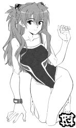 Rule 34 | 1girl, barefoot, covered navel, curvy, highleg, highleg swimsuit, highres, long hair, looking at viewer, monochrome, narrow waist, neon genesis evangelion, one-piece swimsuit, simple background, skirt, smile, solo, souryuu asuka langley, swimsuit, translation request, twintails, very long hair, white background, yamayoshi