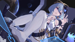 Rule 34 | 1girl, :o, aged up, asc11, bare shoulders, blue hair, blue nails, breasts, chinese commentary, claw pose, cleavage, commentary request, dress, feet, foot focus, full body, griseo, griseo (cosmic expression), hair ornament, highres, honkai (series), honkai impact 3rd, jewelry, legs, long hair, looking at viewer, medium breasts, nail polish, no shoes, open mouth, pantyhose, planet, purple eyes, shoes, sitting, soles, solo, toes, white dress, white pantyhose