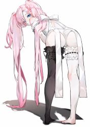 Rule 34 | 1girl, ass, bent over, black thighhighs, blue eyes, bridal garter, copyright request, from behind, highres, long hair, looking at viewer, looking back, nail polish, neko (ganecooo), pale skin, panties, pigeon-toed, pink hair, red nails, ribbon, simple background, single thighhigh, solo, thighhighs, toenail polish, toenails, twintails, underwear, very long hair, white background, white panties, white ribbon