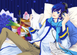 Rule 34 | 1boy, blue eyes, blue hair, blue nails, blue rose, blue scarf, bottle, bouquet, crodire, eggplant, flower, food, headphones, ice cream, kaito (vocaloid), male focus, matching hair/eyes, nail polish, rose, scarf, sheet music, sitting, solo, spring onion, vocaloid