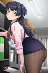 Rule 34 | 1girl, :o, alternate costume, ass, black hair, blue skirt, blunt ends, blurry, blurry background, blush, breasts, brown pantyhose, clipboard, highres, huge ass, idolmaster, idolmaster shiny colors, indoors, kobamiso (kobalt), lanyard, looking at viewer, looking to the side, mayuzumi fuyuko, medium breasts, miniskirt, office lady, pantyhose, pencil skirt, pink shirt, shirt, shirt tucked in, skirt, solo, two side up