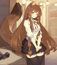 Rule 34 | 1girl, absurdres, animal ears, blush, breasts, brown hair, contemporary, helic (7317helic), highres, long hair, looking at viewer, medium breasts, open mouth, raccoon ears, raccoon girl, raccoon tail, raphtalia, red eyes, skirt, smile, solo, tail, tate no yuusha no nariagari, thighhighs, very long hair