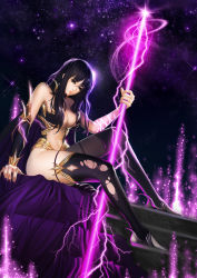 Rule 34 | 1girl, absurdres, black eyes, black hair, breasts, cleavage, fantasy, female focus, go yeon ju, highres, large breasts, legs, lightning, long hair, long legs, looking at viewer, memorize, nail polish, night, night sky, silvester, sitting, sky, solo, staff, star (sky), thighhighs, thighs, torn clothes, torn thighhighs