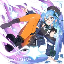 Rule 34 | 1girl, blue eyes, blue hair, commentary, dark hound 3, earrings, full body, glasses, green ribbon, hat, highres, hololive, hoshimachi suisei, hoshimachi suisei (streetwear), jacket, jacket partially removed, jewelry, long hair, long sleeves, multicolored hair, official alternate costume, official alternate hairstyle, one eye closed, open mouth, orange pantyhose, pantyhose, ribbon, ring, shoelaces, solo, star (symbol), teeth, two-tone hair, upper teeth only, virtual youtuber