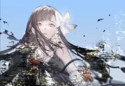 Rule 34 | blue sky, blunt bangs, bow, bright pupils, brown hair, crying, crying with eyes open, dress, eyelashes, glitch, hair bow, long hair, louise (nier), meru02295238, nier, nier (series), parted lips, red eyes, sky, straight hair, tears, teeth, upper body, white bow, white dress, white pupils