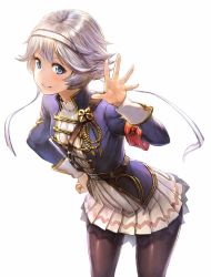 Rule 34 | 10s, 1girl, ahoge, aiguillette, armlet, bad id, bad twitter id, belt, blue eyes, blue jacket, blush, brown pantyhose, buckle, closed mouth, cowboy shot, dress, farrah (granblue fantasy), granblue fantasy, hairband, hand on own hip, jacket, leaning forward, long sleeves, looking at viewer, matsuo shogo, military, military uniform, open clothes, open jacket, palms, pantyhose, pleated dress, see-through, shoulder belt, silver hair, sleeves pushed up, smile, solo, spread fingers, standing, tareme, uniform, waving, white dress