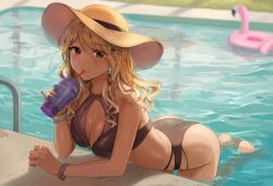 Rule 34 | 1girl, ass, bikini, black eyes, blonde hair, bracelet, braid, breasts, brown hair, bubble tea, cleavage, cup, disposable cup, drinking, drinking straw, drinking straw in mouth, earrings, floating, gijang, gradient hair, gyaru, hair between eyes, hat, idolmaster, idolmaster shiny colors, inflatable flamingo, izumi mei, jewelry, large breasts, long hair, looking at viewer, multicolored hair, nail polish, outdoors, pinky out, pool, ring, side braid, straw hat, swimsuit, tan, wavy hair