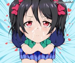 Rule 34 | 1girl, annoyed, black hair, blue jacket, blue skirt, bow, bowtie, breasts, breasts out, closed mouth, cum, facial, from above, green bow, green bowtie, hair between eyes, heart, hetero, highres, jacket, looking at viewer, love live!, maokami, nipples, otonokizaka school uniform, red eyes, school uniform, skirt, small breasts, solo, twintails, yazawa nico