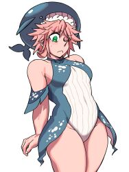 1girl :&lt; absurdres animal_print bare_shoulders bikini blue_bikini blush cowboy_shot eddybird55555 fish_print green_eyes hat highres looking_down okunoda_miyoi pink_hair pointy_hair short_hair simple_background single_sidelock solo spiked_hair sweatdrop swimsuit thighs touhou whale whale_hat whale_print white_background