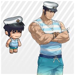 Rule 34 | 1boy, absurdres, bandana around arm, bara, bracelet, character request, chibi, cowboy shot, crossed arms, dark-skinned male, dark skin, ero condo, frown, hat, highres, jewelry, kienbiu, long sideburns, looking ahead, male focus, muscular, muscular male, necklace, official alternate costume, paid reward available, pants, pectorals, sailor collar, sailor hat, sailor shirt, scar, scar on arm, shell, shell necklace, shirt, short hair, sideburns, simple background, solo, standing, tied sleeves