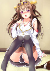 Rule 34 | 10s, 1girl, ahoge, bare shoulders, black thighhighs, blush, brown hair, chestnut mouth, detached sleeves, double bun, feet, hair bun, hair ornament, hairband, headgear, highres, hiro (725611), japanese clothes, kantai collection, kongou (kancolle), long hair, no shoes, open mouth, personification, pink eyes, sitting, skirt, solo, thighhighs, wide sleeves