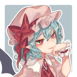 Rule 34 | 1girl, ascot, bat wings, blue hair, border, bow, breasts, brooch, commentary request, dress, grey background, hair between eyes, hand up, hat, hat bow, head rest, jewelry, mob cap, mokokiyo (asaddr), outline, outside border, pink dress, pink hat, pointy ears, puffy short sleeves, puffy sleeves, red ascot, red bow, red eyes, red lips, remilia scarlet, short hair, short sleeves, simple background, small breasts, smile, solo, touhou, upper body, white border, white outline, wings, wrist cuffs