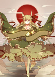 Rule 34 | 1girl, bow, dress, ex-keine, frills, green dress, green hair, hair bow, horn ornament, horn ribbon, horns, kamishirasawa keine, long hair, multicolored hair, red eyes, ribbon, scroll, silver hair, skirt, smile, solo, tail, touhou, two-tone hair, wide sleeves, yetworldview kaze