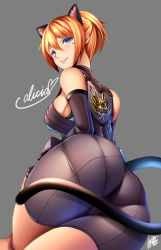 Rule 34 | 10s, 1girl, animal ears, ass, ass focus, bare shoulders, bike shorts, blonde hair, blush, breasts, cat ears, cat girl, cat tail, female focus, god eater, god eater 2: rage burst, highres, huge ass, looking at viewer, looking back, mole, mole under eye, original, player (god eater 2), short hair, sideboob, smile, solo, tail, watanuki kaname