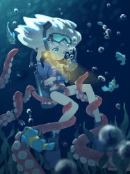 Rule 34 | 1girl, absurdres, aqua eyes, bk (bkbbkbkk), borrowed character, bubble, clownfish, digitan (porforever), electric plug, fish, flashlight, flippers, goggles, goggles on head, highres, holding, holding flashlight, looking down, original, oxygen mask, oxygen tank, peril, restrained, seaweed, solo, star-shaped pupils, star (symbol), suction cups, symbol-shaped pupils, tail, tentacles, tentacles under clothes, underwater, white hair, worried