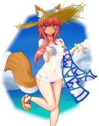 Rule 34 | 10s, 1girl, absurdres, animal ears, bikini, blue bikini, blush, blush stickers, breasts, cleavage, collarbone, day, ears through headwear, fang, fate/extra, fate/grand order, fate (series), fox ears, fox tail, full body, hat, highres, large breasts, long hair, looking at viewer, nature, navel, ocean, outdoors, pink hair, see-through, solo, swimsuit, tail, tamamo (fate), tamamo no mae (fate/extra), tamamo no mae (swimsuit lancer) (fate), yellow eyes