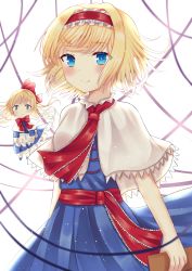 Rule 34 | 1girl, alice margatroid, apron, arms at sides, bad id, bad pixiv id, blonde hair, blue dress, blue eyes, book, bow, capelet, commentary, cowboy shot, dress, floating, hair blowing, hair bow, hairband, highres, holding, holding book, levitation, light particles, lolita hairband, long hair, looking at viewer, neck ribbon, nibosi, red ribbon, ribbon, sash, shanghai doll, short hair, smile, solo, standing, string, touhou, waist apron, white background, white capelet, wind
