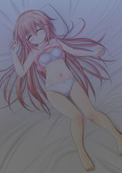Rule 34 | 1girl, absurdres, aki (kagamitotukasakonata), bad id, bad pixiv id, barefoot, bed, blush, bra, cameltoe, camisole, clothes lift, closed eyes, highres, knees together feet apart, long hair, lying, navel, no pants, on back, open mouth, original, outstretched arms, panties, pink hair, shirt, shirt lift, sleeping, solo, thigh gap, underwear, very long hair, white bra, white panties