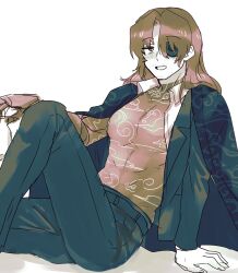 Rule 34 | 1boy, blush, brown theme, eyepatch, facial hair, gregor (project moon), grin, highres, jacket, jacket on shoulders, kikkoinu, knee up, limbus company, long hair, long sleeves, male focus, open clothes, open jacket, open shirt, pants, parted bangs, project moon, sitting, smile, solo, stubble