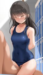 Rule 34 | 1boy, 1girl, absurdres, asphyxiation, black hair, blue one-piece swimsuit, blue school swimsuit, breasts, censored, clenched teeth, closed eyes, clothed female nude male, clothing aside, covered navel, eto (ikumika), hetero, highres, long hair, mosaic censoring, nude, old school swimsuit, one-piece swimsuit, original, rope around neck, ryona, school swimsuit, sex, small breasts, strangling, swimsuit, swimsuit aside, teeth, vaginal