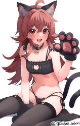 Rule 34 | 1girl, absurdres, animal collar, animal ears, animal hands, blush, cat cutout, cat ears, cat paws, cat tail, clothing cutout, collar, gloves, highres, idolmaster, idolmaster shiny colors, komiya kaho, long hair, looking at another, looking at viewer, navel, paw gloves, petite, pyonsan, red eyes, red hair, simple background, smile, tail, twitter username, very long hair, white background