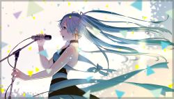 Rule 34 | 1girl, blue bow, blue hair, blue ribbon, blurry, blurry foreground, bow, floating hair, from side, green eyes, hair between eyes, hatsune miku, holding, holding microphone stand, long hair, microphone stand, music, open mouth, profile, ribbon, singing, sleeveless, solo, twintails, very long hair, vocaloid, yamamoto makuya