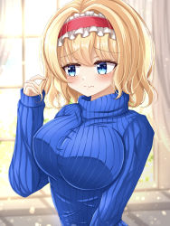 Rule 34 | 1girl, absurdres, alice margatroid, blonde hair, blue eyes, blue sweater, blush, breasts, closed mouth, curtains, eyes visible through hair, fidgeting, frilled hairband, frills, hair between eyes, hairband, hand up, heart, heart-shaped pupils, highres, large breasts, light, long sleeves, looking to the side, playing with hair, red hairband, reijing etrn, ribbed sweater, shadow, short hair, solo, sunlight, sweater, symbol-shaped pupils, touhou, upper body, wall, window
