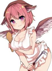 Rule 34 | 1girl, animal ears, apron, bad id, bad twitter id, blush, breasts, cleavage, commentary request, cowboy shot, highres, karasusou nano, ladle, mystia lorelei, naked apron, pink hair, simple background, solo, spatula, touhou, white background, wings