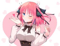 Rule 34 | 1girl, black bow, black choker, black ribbon, blowing kiss, blue eyes, blue nails, blunt bangs, blush, bow, breasts, butterfly hair ornament, choker, closed mouth, collar, commentary, frilled collar, frilled sleeves, frills, go-toubun no hanayome, hair ornament, hair ribbon, hands up, heart, heart background, highres, large breasts, long sleeves, looking at viewer, nail polish, nakano nino, one eye closed, pink background, pink hair, profnote, ribbon, shirt, sidelocks, simple background, solo, two-tone background, two side up, upper body, white background, white shirt