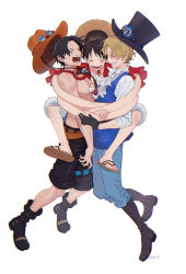 Rule 34 | 3boys, absurdres, black gloves, black hair, blonde hair, brothers, clenched teeth, closed mouth, gloves, hat, highres, hug, male focus, monkey d. luffy, multiple boys, one piece, open mouth, portgas d. ace, sabo (one piece), sandals, siblings, smile, straw hat, sweatdrop, teeth, topless male, tsuyu (gunjooo9), white hair