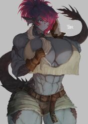 Rule 34 | 1girl, abs, absurdres, artist name, au ra, belt, blue background, blue skin, breasts, brown gloves, cleavage, collarbone, colored skin, commentary, commission, cowboy shot, crop top, denim, denim shorts, dragon girl, dragon tail, english commentary, final fantasy, final fantasy xiv, fins, gloves, highres, huge breasts, ikerellatab, looking ahead, midriff, muscular, muscular female, navel, original, parted lips, ponytail, purple eyes, purple hair, scales, short shorts, shorts, simple background, slit pupils, solo, tail, thick thighs, thighs, toned, towel, towel around neck, towel over breasts, utility belt, v-shaped eyebrows, wide hips