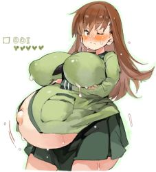 Rule 34 | 1girl, blush, breasts, brown hair, closed mouth, covered erect nipples, cowboy shot, crossed arms, curvy, green shirt, huge areolae, huge breasts, huge nipples, kantai collection, lactation, lactation through clothes, long hair, looking at viewer, motion lines, one eye closed, ooi (kancolle), open clothes, open shirt, outie navel, pregnant, puffy areolae, puffy nipples, sachito, sailor collar, school uniform, serafuku, shirt, skirt, solo, sweat, thick thighs, thighs, wide hips