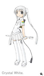 Rule 34 | 1girl, black eyes, blush, boots, grey hair, handheld game console, holding, long hair, looking at viewer, nekotama, nintendo, nintendo ds, open mouth, oversized object, paw print, personification, plug, shirt, short sleeves, skirt, smile, solo, standing, stylus, thigh boots, thighhighs, twintails, white background, white footwear, white shirt, white skirt