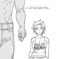 Rule 34 | 1boy, 1girl, arms at sides, bad id, bb (baalbuddy), booba (meme), breasts, cleavage, closed mouth, commentary, english commentary, english text, greyscale, height difference, highres, inactive account, jitome, large breasts, looking at viewer, meme, monochrome, original, shirt, short hair, short sleeves, shortstack, simple background, white background