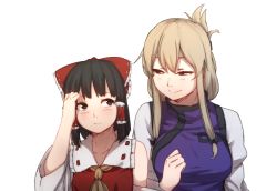 Rule 34 | 2girls, ascot, black eyes, black hair, blonde hair, blush, bow, breasts, detached sleeves, dress, expressionless, hair bow, hair ornament, hair tubes, hair up, hairclip, hakurei reimu, hand on own head, long hair, long sleeves, looking at another, looking down, looking up, multiple girls, ribbon-trimmed collar, ribbon trim, short hair, side-by-side, simple background, sleeveless, smile, standing, tabard, terimayo, touhou, white background, white dress, wide sleeves, yakumo yukari