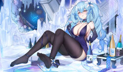 Rule 34 | 1girl, absurdres, ahoge, bare shoulders, black thighhighs, blue dress, blue hair, blush, breasts, cleavage, colored tips, dress, elbow gloves, elf, flower, gloves, hair between eyes, hair flower, hair ornament, heart, heart ahoge, highres, hololive, large breasts, long hair, looking at viewer, multicolored hair, open mouth, pointy ears, sherryqq, soles, solo, streaked hair, thighhighs, twintails, virtual youtuber, yellow eyes, yukihana lamy