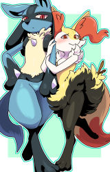 Rule 34 | 1boy, 1girl, animal ear fluff, animal ears, animal feet, animal nose, arm at side, arm hug, artist name, black fur, blue fur, blush, body fur, border, braixen, claws, closed mouth, creatures (company), fang, flat chest, fox ears, fox girl, fox tail, full body, furry, furry female, furry male, game freak, gen 4 pokemon, gen 6 pokemon, green background, green outline, half-closed eyes, hand on own hip, hands up, happy, highres, leg up, looking at viewer, lucario, multicolored fur, neck fur, negoya, nintendo, outline, outside border, pokemon, pokemon (creature), red eyes, signature, simple background, skin fang, smile, snout, spikes, standing, standing on one leg, stick, tail, white border, white fur, white outline, wolf boy, wolf ears, wolf tail, yellow fur
