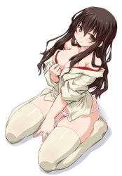 Rule 34 | 10s, 1girl, akagi (kancolle), bare shoulders, between legs, blush, breasts, brown eyes, brown hair, cleavage, collarbone, dd (ijigendd), female focus, from above, full body, japanese clothes, kantai collection, large breasts, long hair, looking at viewer, off shoulder, panties, partially undressed, simple background, sitting, smile, solo, thighhighs, underwear, wariza, white background, white panties, white thighhighs