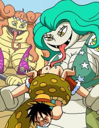 Rule 34 | 1boy, 2girls, anal, anilingus, black hair, boa marigold, boa sandersonia, bottomless, dboy, femdom, green hair, hetero, holding legs, long tongue, monkey d. luffy, monster girl, multiple girls, one piece, oral, rape, tentacles, tentacles on male, tongue, tongue out, undressing