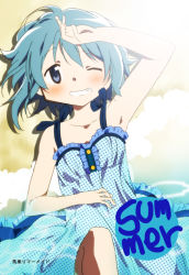 Rule 34 | 1girl, ;d, arm up, armpits, bare arms, bare legs, bare shoulders, beach, blue dress, blue hair, blush, breasts, buttons, clenched teeth, collarbone, dress, english text, frilled dress, frills, from above, fumiko (mesushi), grin, hand on own forehead, hand on own stomach, leg up, looking at viewer, lying, mahou shoujo madoka magica, mahou shoujo madoka magica (anime), miki sayaka, ocean, on back, one eye closed, open mouth, outdoors, partially submerged, polka dot, polka dot dress, sand, shadow, short hair, sleeveless, sleeveless dress, small breasts, smile, solo, summer, sunlight, teeth, upper body, water