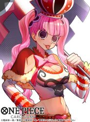 Rule 34 | 1girl, bandai, belt, black eyes, blush, breasts, cleavage, copyright name, crown, curvy, drill hair, fingernails, heart belt, highres, holding, holding umbrella, large breasts, lips, long hair, midriff, naughty face, navel, official art, one piece, perona, pink hair, ryuda, shiny skin, shirt, skirt, smile, solo, studded belt, thick thighs, thighhighs, thighs, twintails, umbrella, very long hair, white background, white shirt, wide hips
