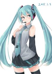 Rule 34 | 10s, 1girl, 39, 2015, aqua eyes, aqua hair, bad id, bad pixiv id, blush, dated, detached sleeves, hand on own chest, hatsune miku, headset, highres, light smile, long hair, necktie, rucchiifu, simple background, skirt, smile, solo, thighhighs, twintails, very long hair, vocaloid, white background