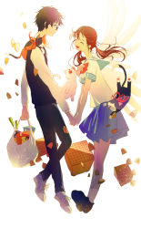 Rule 34 | 1boy, 1girl, :d, amada (12785891), angel wings, animal, animal on shoulder, bag, black cat, black hair, black pants, blue skirt, board game, bow, brown hair, cat, closed eyes, facing another, glasses, grocery bag, holding hands, highres, kawamoto hinata, kiriyama rei, long sleeves, looking at another, open mouth, pants, red bow, red ribbon, ribbon, sangatsu no lion, school uniform, shirt, shoes, shopping bag, short sleeves, shogi, shogi piece, simple background, skirt, smile, sneakers, socks, spring onion, sweater vest, twintails, white background, white cat, white shirt, wings