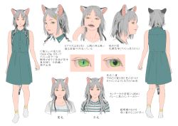 Rule 34 | 1girl, animal ears, blue dress, cat ears, cat tail, collared dress, commentary request, dress, eyelashes, fangs, green eyes, grey shirt, grey sweater, hair ornament, hairclip, highres, looking at viewer, multiple views, original, parted lips, ribbed sweater, shirt, simple background, slit pupils, standing, sweater, tail, translation request, tunapon01, white background