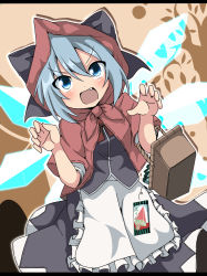 Rule 34 | 1girl, adapted costume, apron, basket, blue eyes, blue hair, blush, bow, cape, capelet, cirno, commentary request, cosplay, do (4-rt), dress, fang, food, hair bow, hood, ice, ice wings, letterboxed, little red riding hood, little red riding hood (grimm), little red riding hood (grimm) (cosplay), matching hair/eyes, open mouth, popsicle, red cape, shirt, skirt, skirt set, solo, touhou, tsurime, waist apron, wings