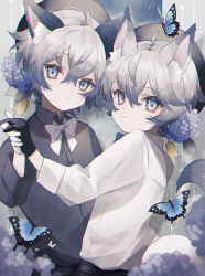 Rule 34 | 2boys, animal ears, black shirt, blue eyes, bow, bowtie, brothers, bug, butterfly, cat boy, cat ears, cat tail, flower, grey eyes, grey hair, hat, highres, hydrangea, insect, long sleeves, looking at viewer, male focus, multiple boys, namiki itsuki, original, shirt, siblings, tail, twins, white shirt