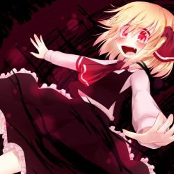 Rule 34 | 1girl, blush, darkness, fang, female focus, glowing, glowing eyes, open mouth, outstretched arms, razy (skuroko), red eyes, rumia, skirt, smile, solo, touhou