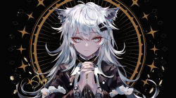 Rule 34 | 1girl, absurdres, animal ears, arknights, black background, commentary request, grey eyes, highres, lappland (arknights), lappland (refined horrormare) (arknights), long hair, looking at viewer, official alternate costume, own hands together, sheya, silver hair, solo, upper body, wolf ears
