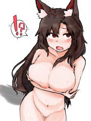 Rule 34 | !?, 1girl, :o, animal ear fluff, animal ears, arms under breasts, blush, breasts, brown hair, cleft of venus, commentary request, completely nude, highres, imaizumi kagerou, iwarasaikou, large breasts, looking at viewer, lower teeth only, nipples, nude, open mouth, pussy, red eyes, simple background, solo, spoken interrobang, tail, teeth, touhou, upturned eyes, white background, wolf ears, wolf tail